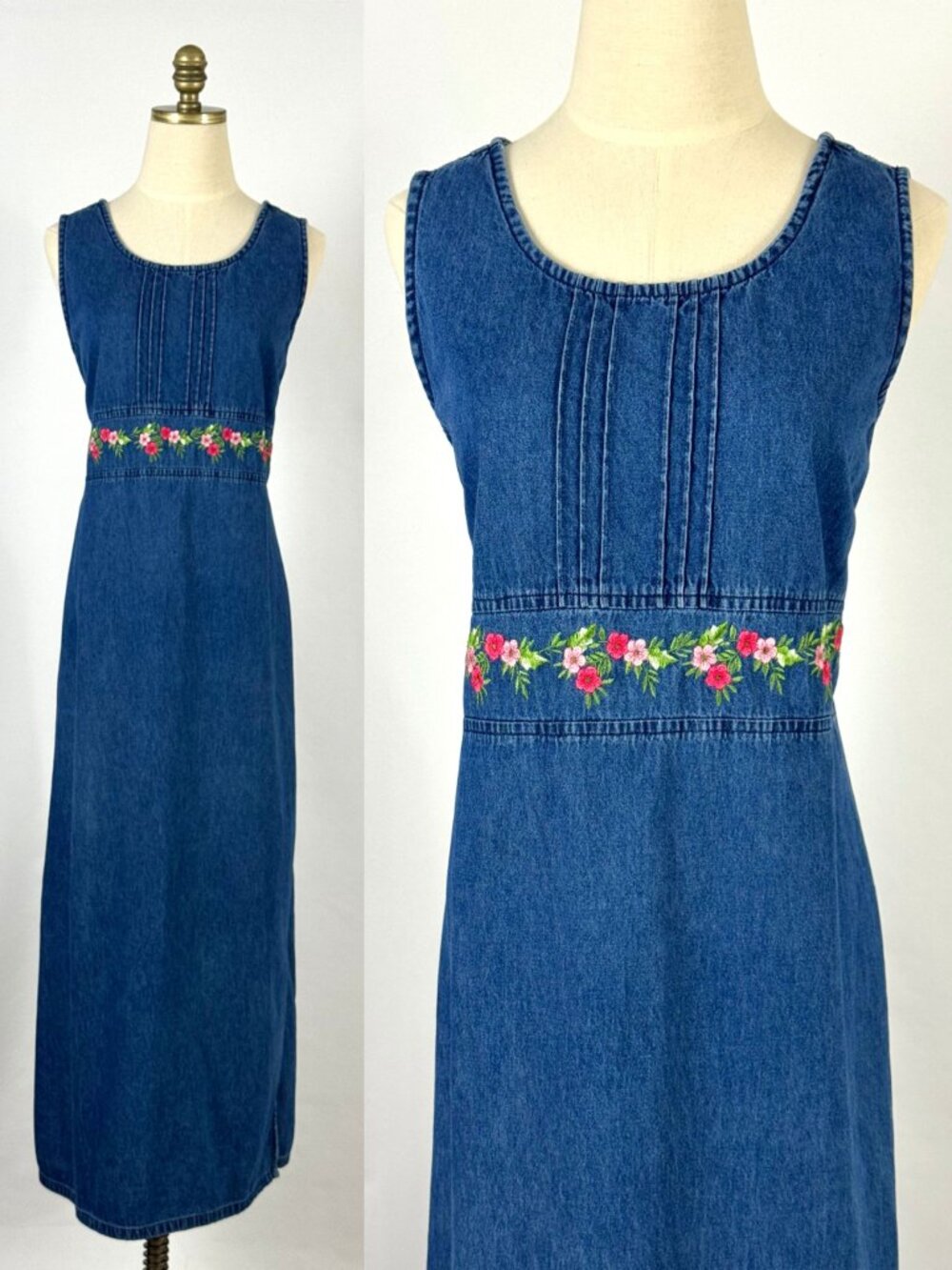 Vtg 90s Denim Maxi Dress Pink Floral Embroidered Teacher Butter Mom Cottagecore